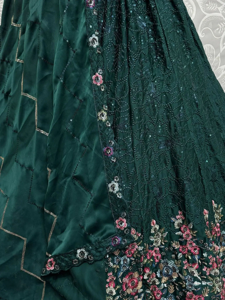 Lovely Green Floral Embroidered Chinon Mehendi Wear Lehenga Choli - Ethnic Plus In
