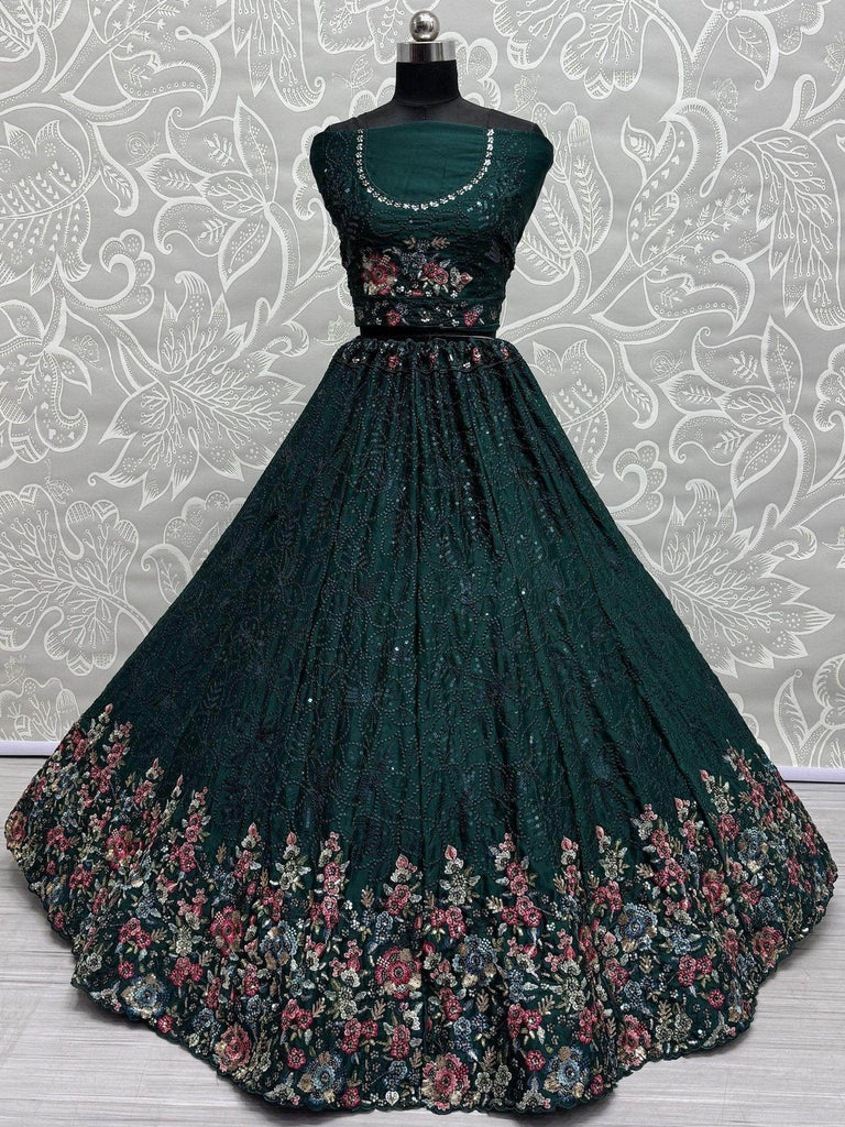 Lovely Green Floral Embroidered Chinon Mehendi Wear Lehenga Choli - Ethnic Plus In