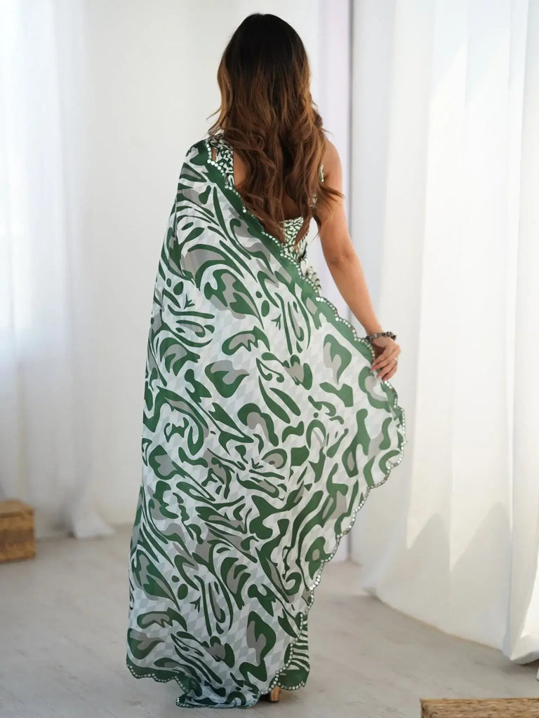 Lovely Green Printed Designer Saree With Blouse - Ethnic Plus In