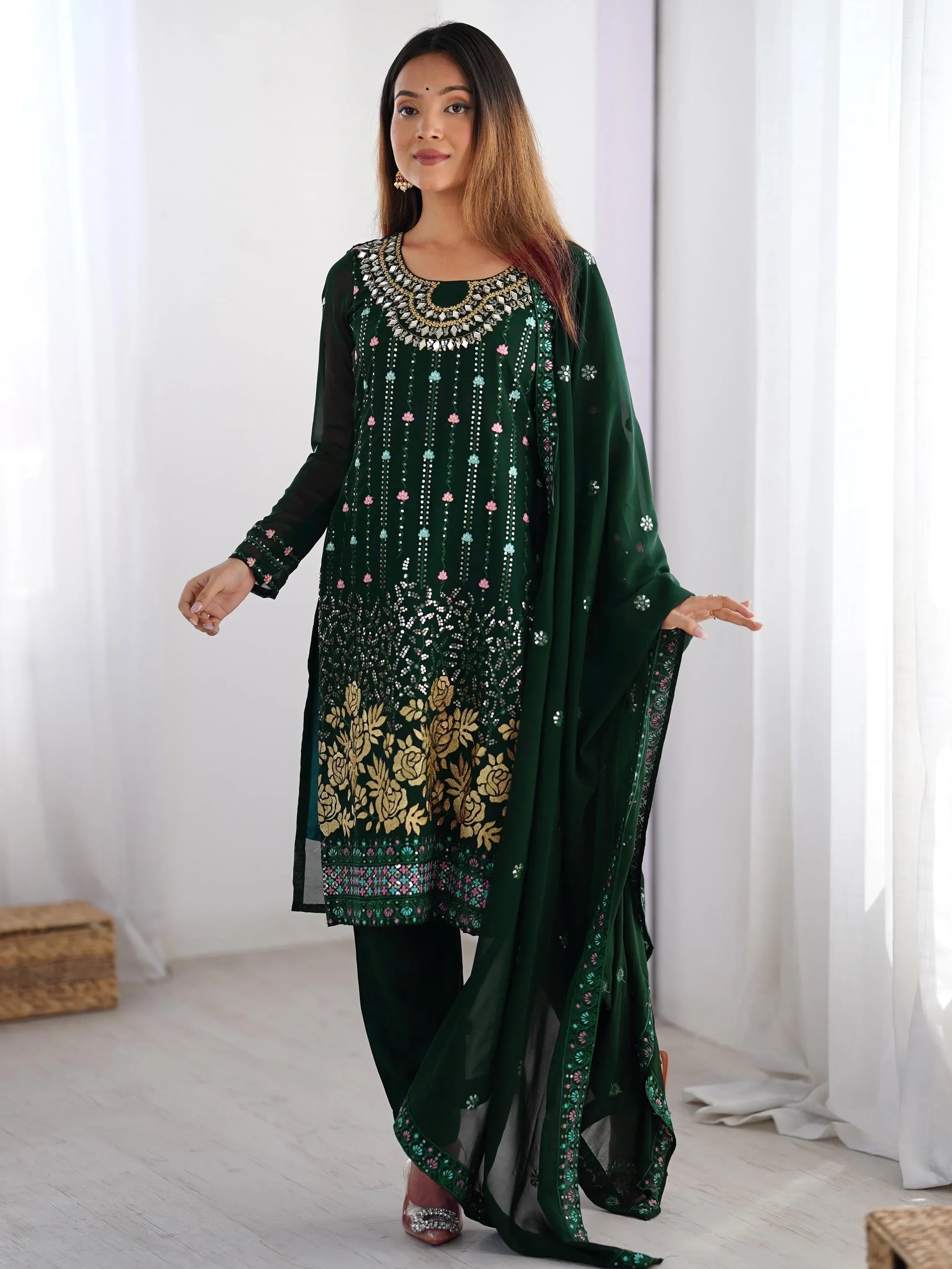 Lovely Green Thread Embroidered Festival Wear Pant Suit - Ethnic Plus In