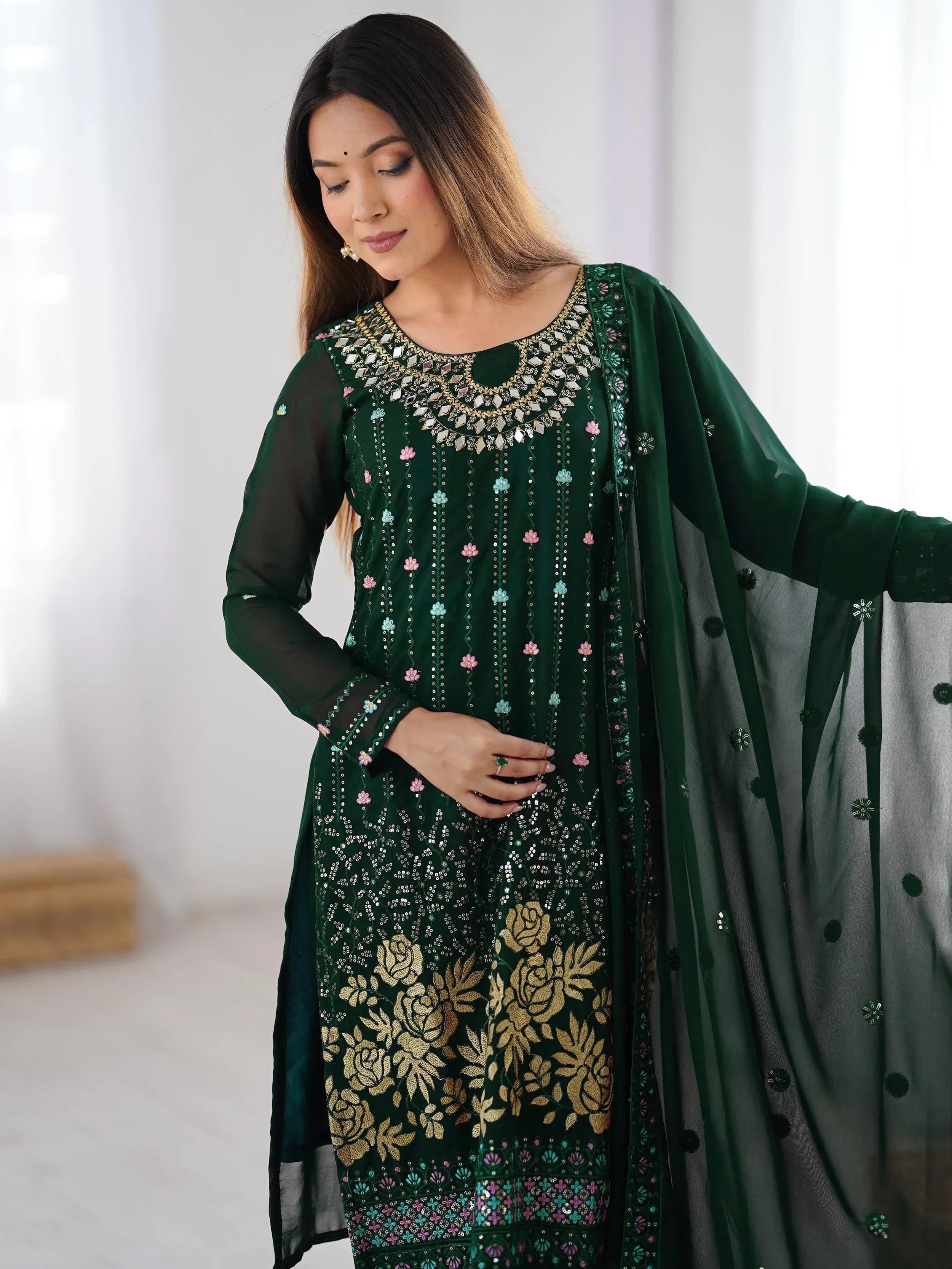 Lovely Green Thread Embroidered Festival Wear Pant Suit - Ethnic Plus In