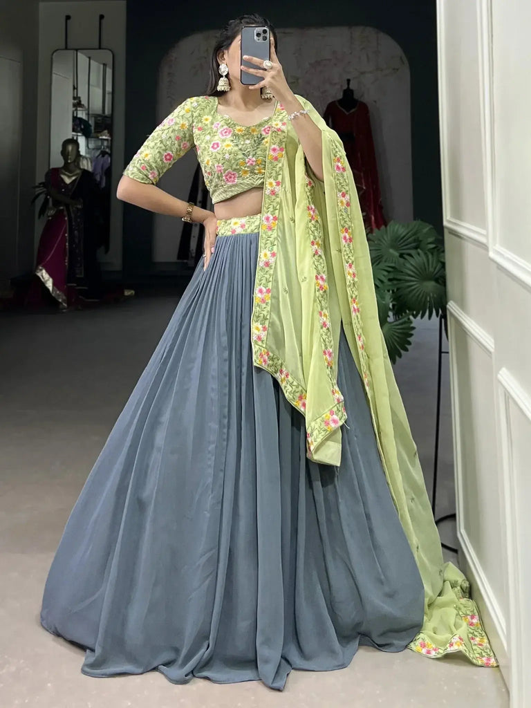 Lovely Grey Thread Embroidery Georgette Reception Wear Lehenga Choli - Ethnic Plus In