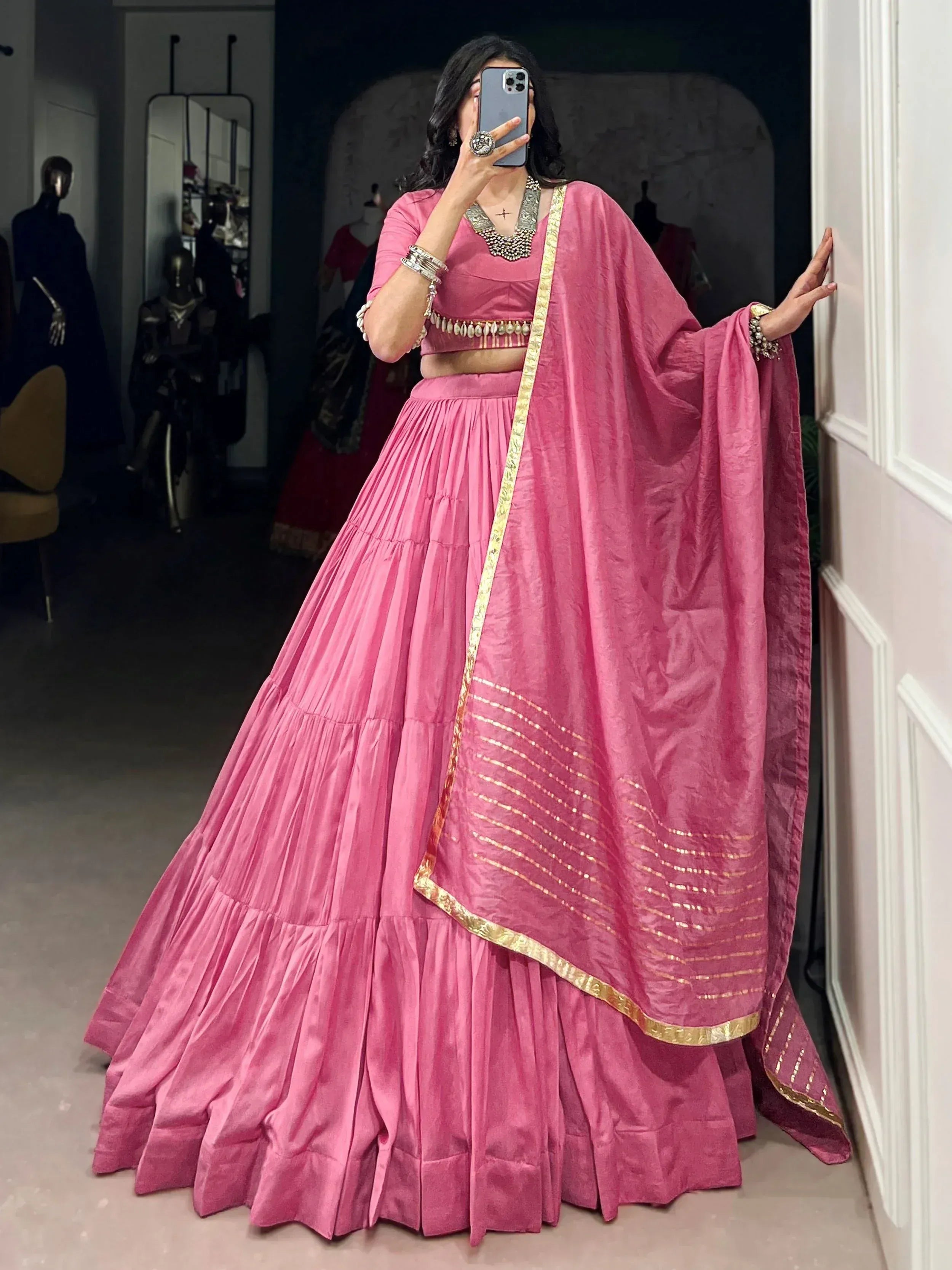 Pink designer lehenga choli with gold trim, ethnic wear for women