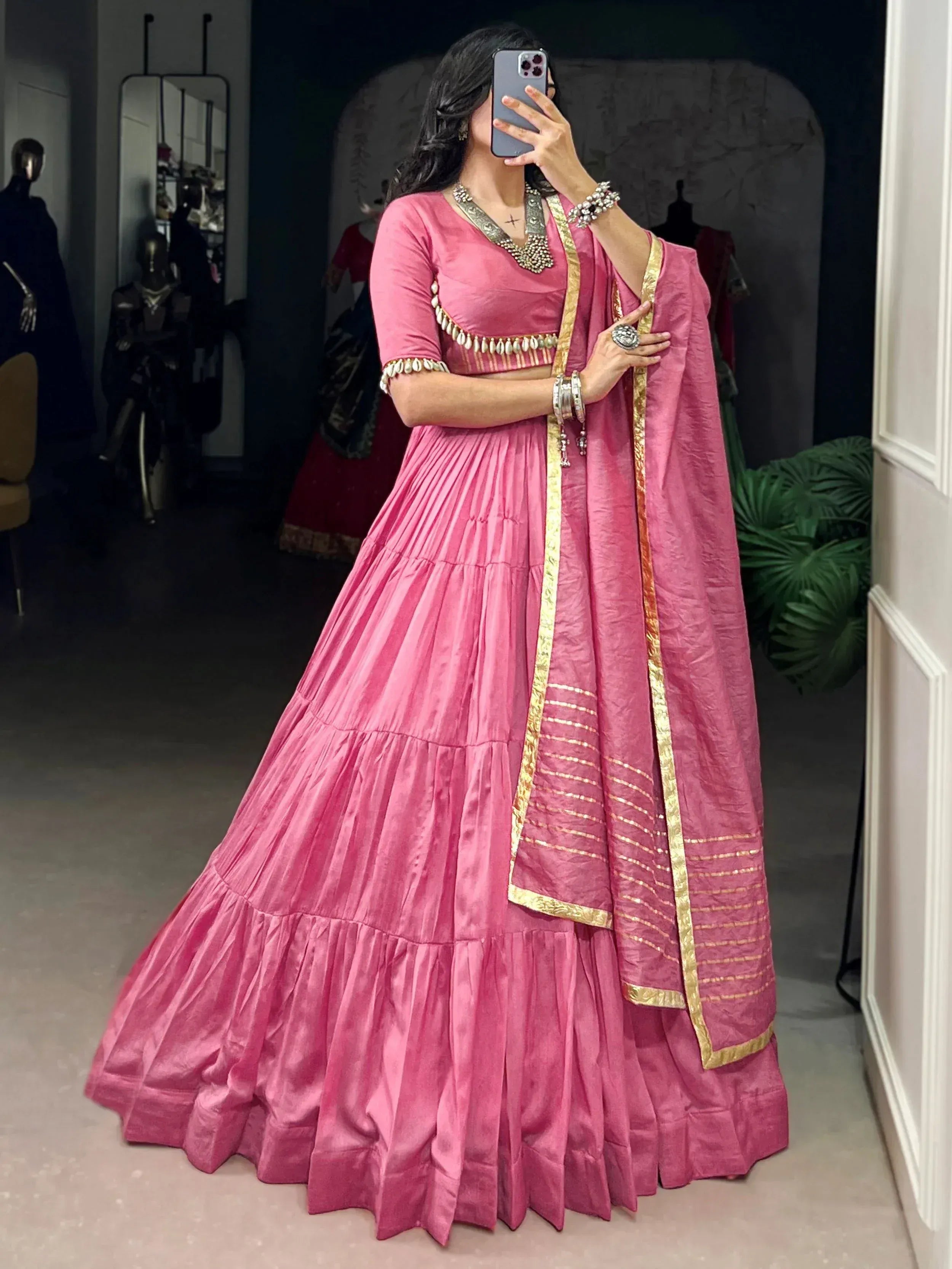 Pink designer lehenga choli with gold trim, ethnic wear for women