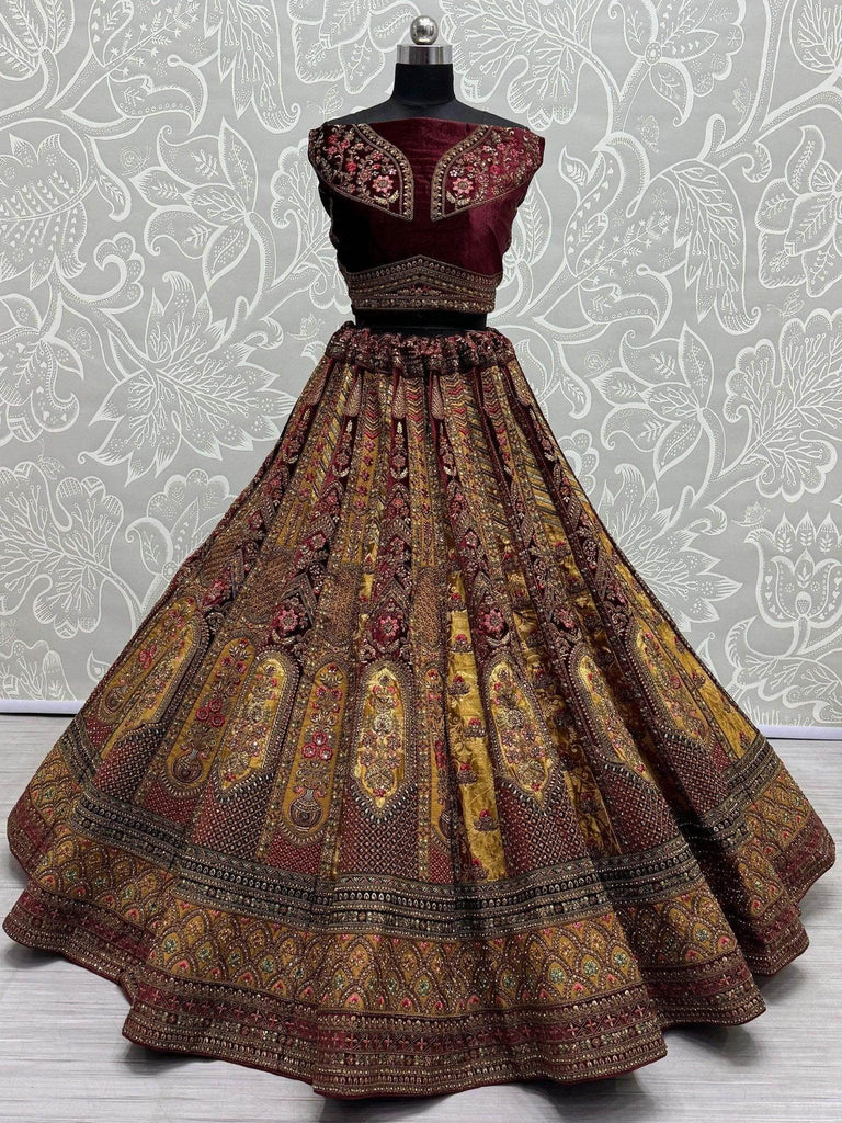 Lovely Maroon & Golden Velvet Bridal Lehenga Choli With Double Dupatta - Ethnic Plus In