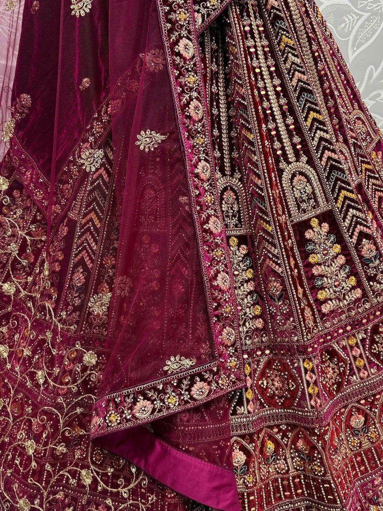 Lovely Maroon Velvet Bridal Lehenga Choli With Double Dupatta - Ethnic Plus In