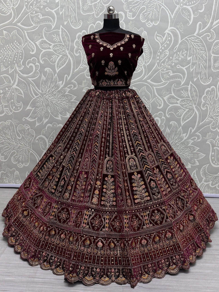 Lovely Maroon Velvet Bridal Lehenga Choli With Double Dupatta - Ethnic Plus In