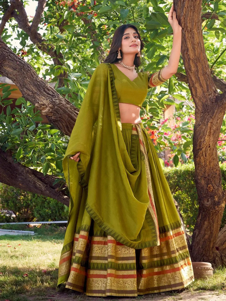 lovely Mehendi Green Chanderi Silk Zari Weaving Lehenga Choli With Dupatta - Ethnic Plus In