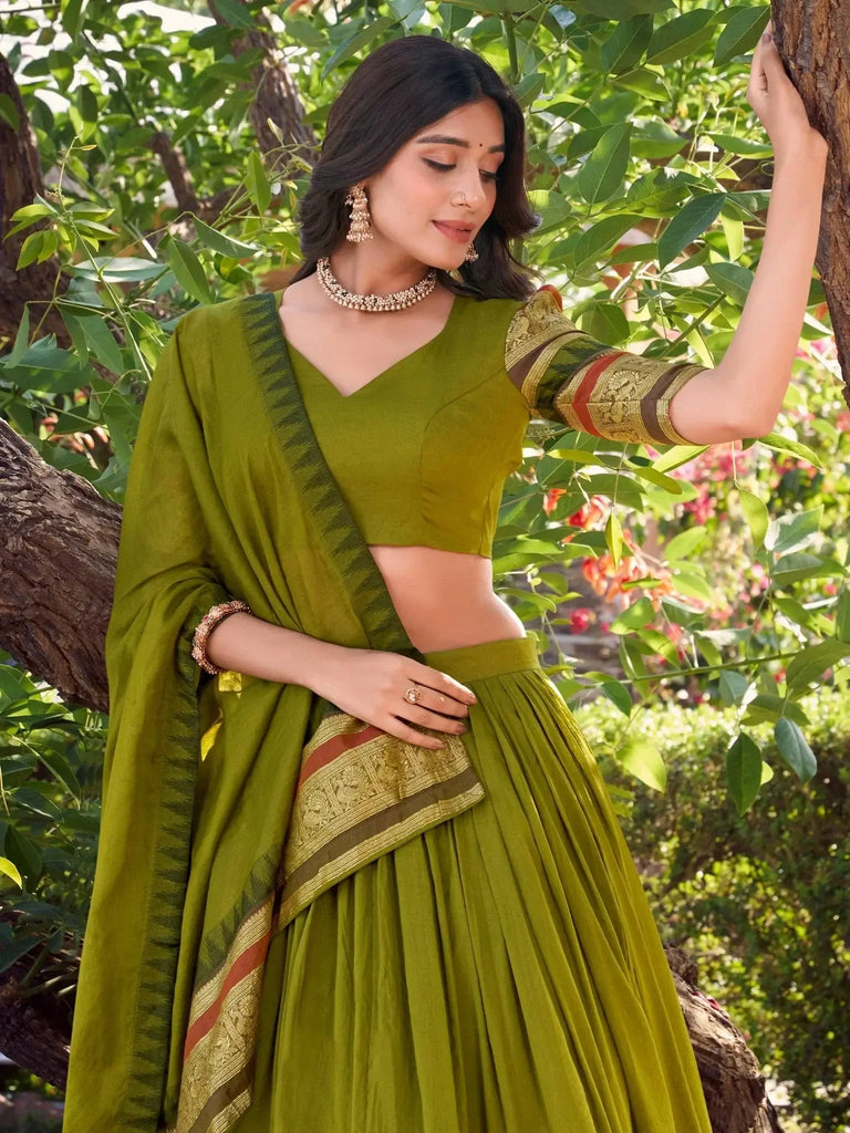 lovely Mehendi Green Chanderi Silk Zari Weaving Lehenga Choli With Dupatta - Ethnic Plus In