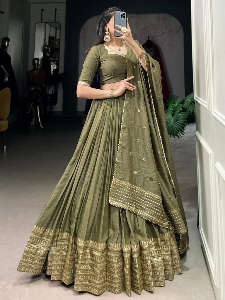 Lovely Mehendi Green Zari Weaving Chanderi Silk Mehendi Wear Lehenga Choli - Ethnic Plus In