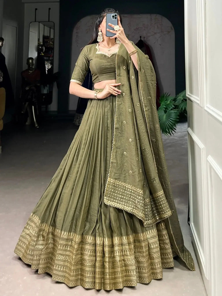 Lovely Mehendi Green Zari Weaving Chanderi Silk Mehendi Wear Lehenga Choli - Ethnic Plus In