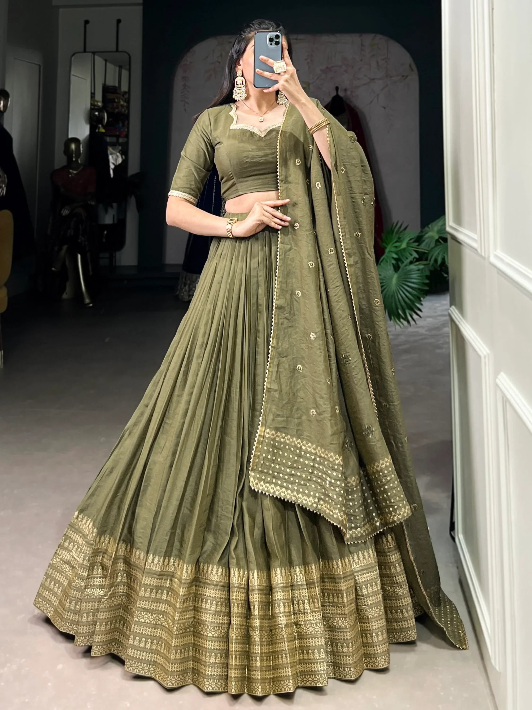 Lovely Mehendi Green Zari Weaving Chanderi Silk Mehendi Wear Lehenga Choli - Ethnic Plus In