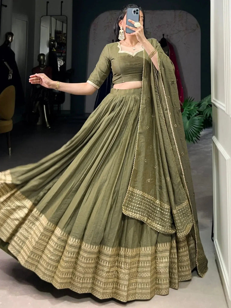 Lovely Mehendi Green Zari Weaving Chanderi Silk Mehendi Wear Lehenga Choli - Ethnic Plus In