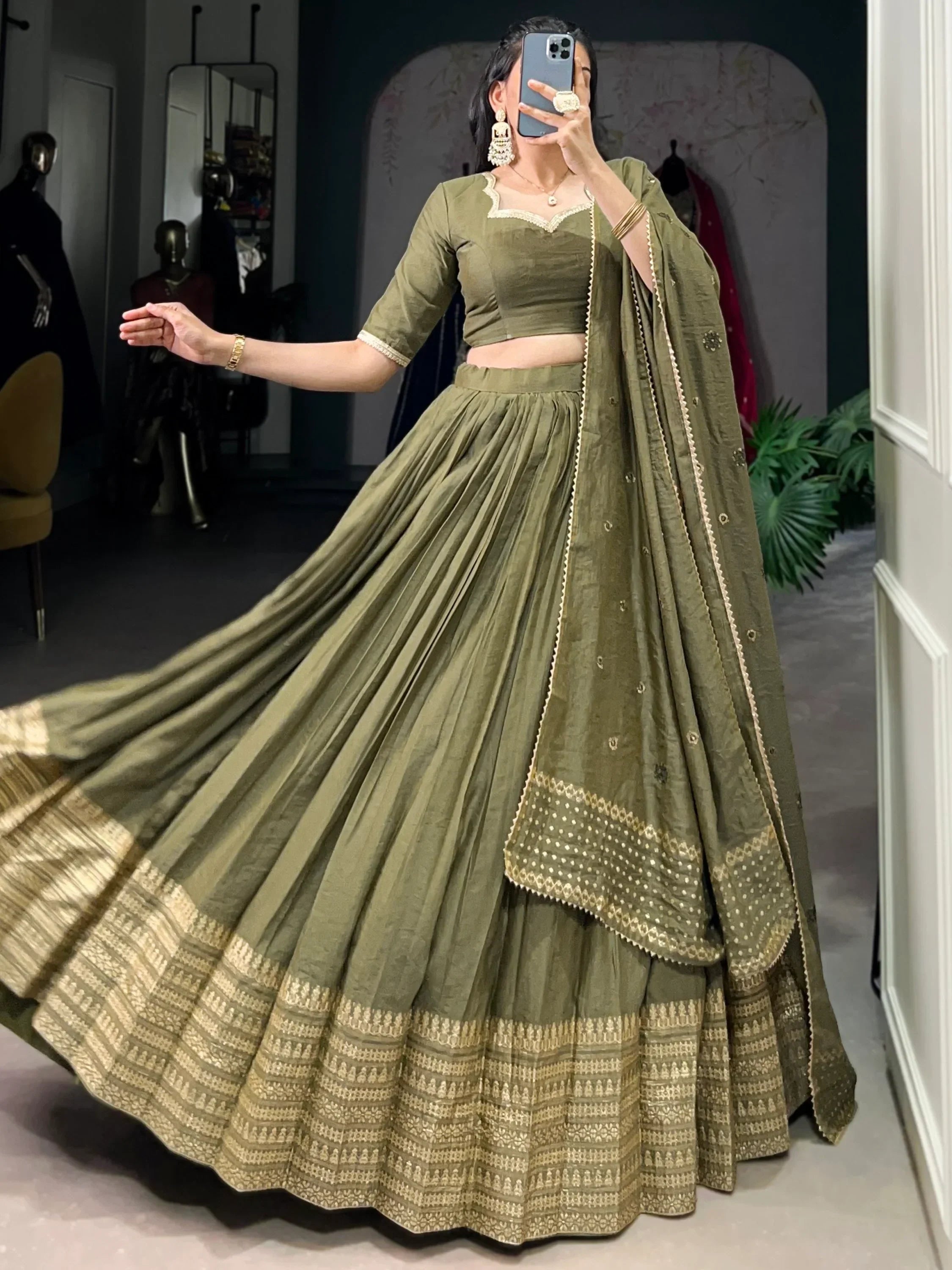 Lovely Mehendi Green Zari Weaving Chanderi Silk Mehendi Wear Lehenga Choli - Ethnic Plus In