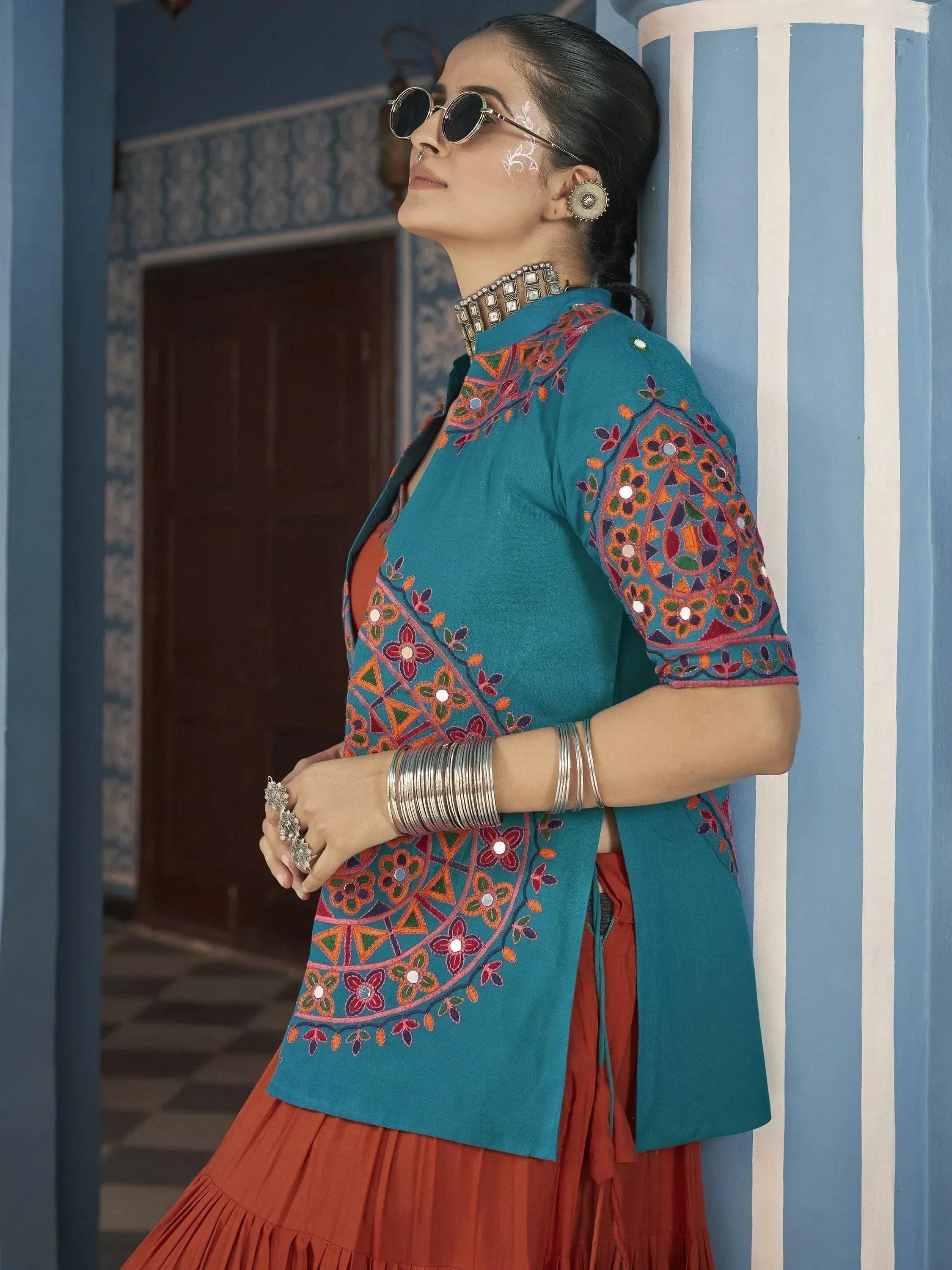 Teal embroidered jacket with orange skirt, ethnic wear for women