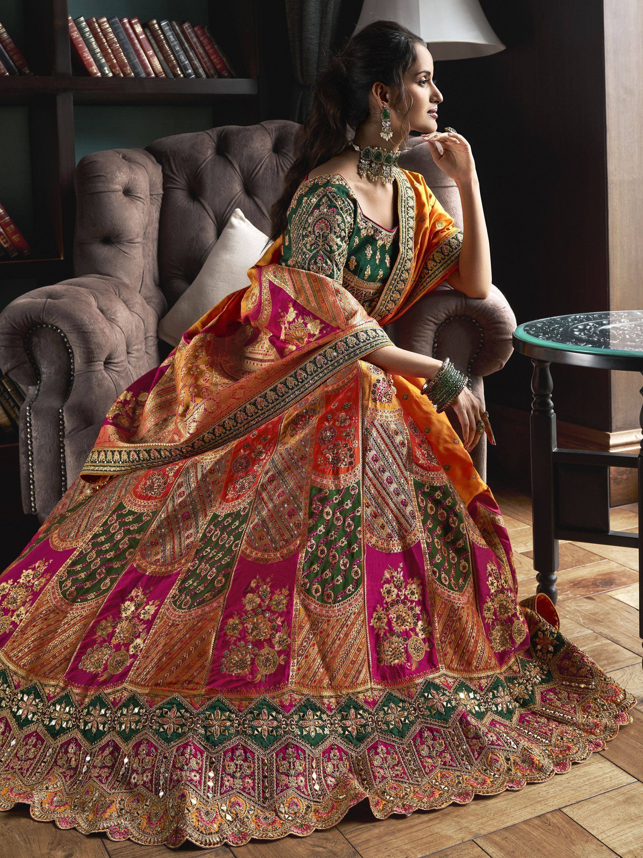 Elegant Indian designer lehenga choli with intricate embroidery, perfect for weddings and festivals.