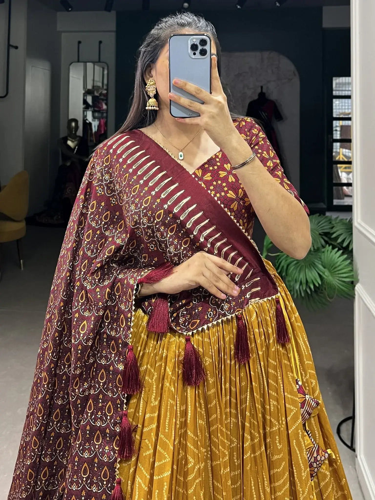 Lovely Mustard Color Printed Tussar Silk Festival Wear Lehenga Choli - Ethnic Plus In