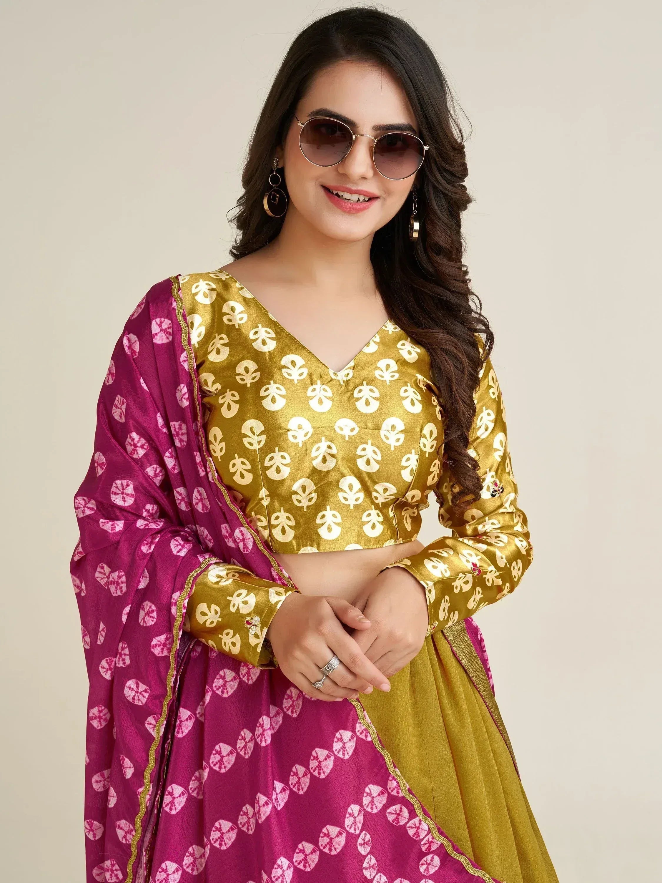 Golden printed crop top with magenta dupatta, ethnic wear for women