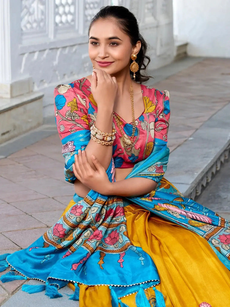 Lovely Mustard Yellow Kalamkari Print Dola Silk Lehenga With Blouse - Ethnic Plus In