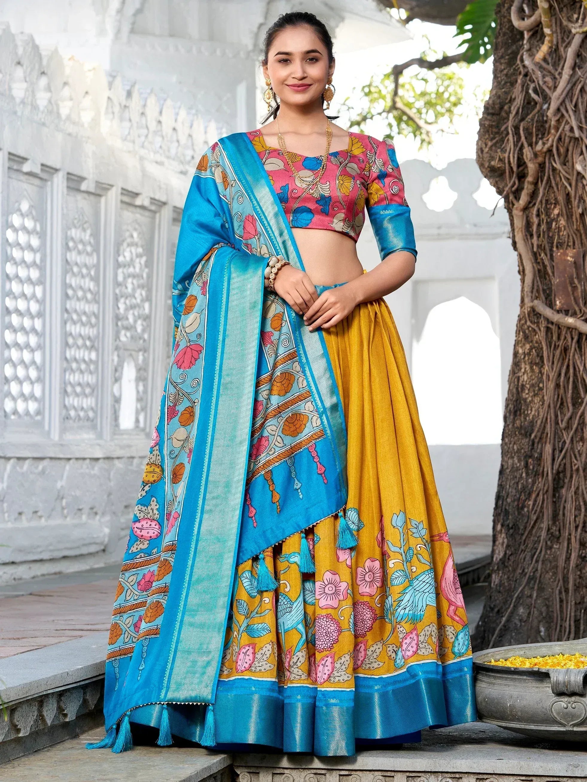 Colorful floral lehenga choli with blue dupatta, Indian ethnic wear for women