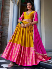Lovely Mustard Yellow Zari Weaving Silk South Indian Half Saree Lehenga - Ethnic Plus In