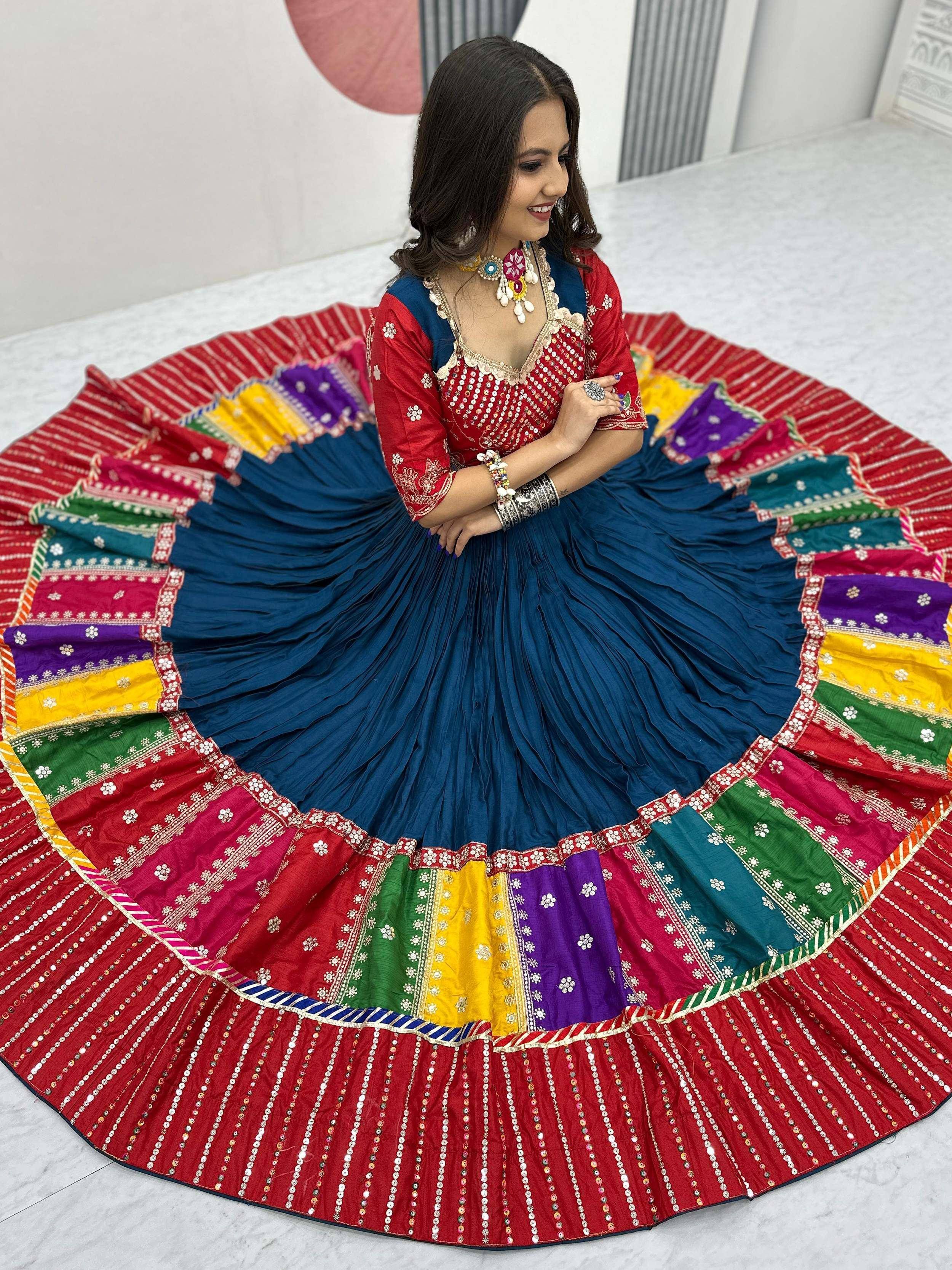 Vibrant multicolor lehenga choli with embroidered blouse and pleated skirt, perfect for festive occasions.