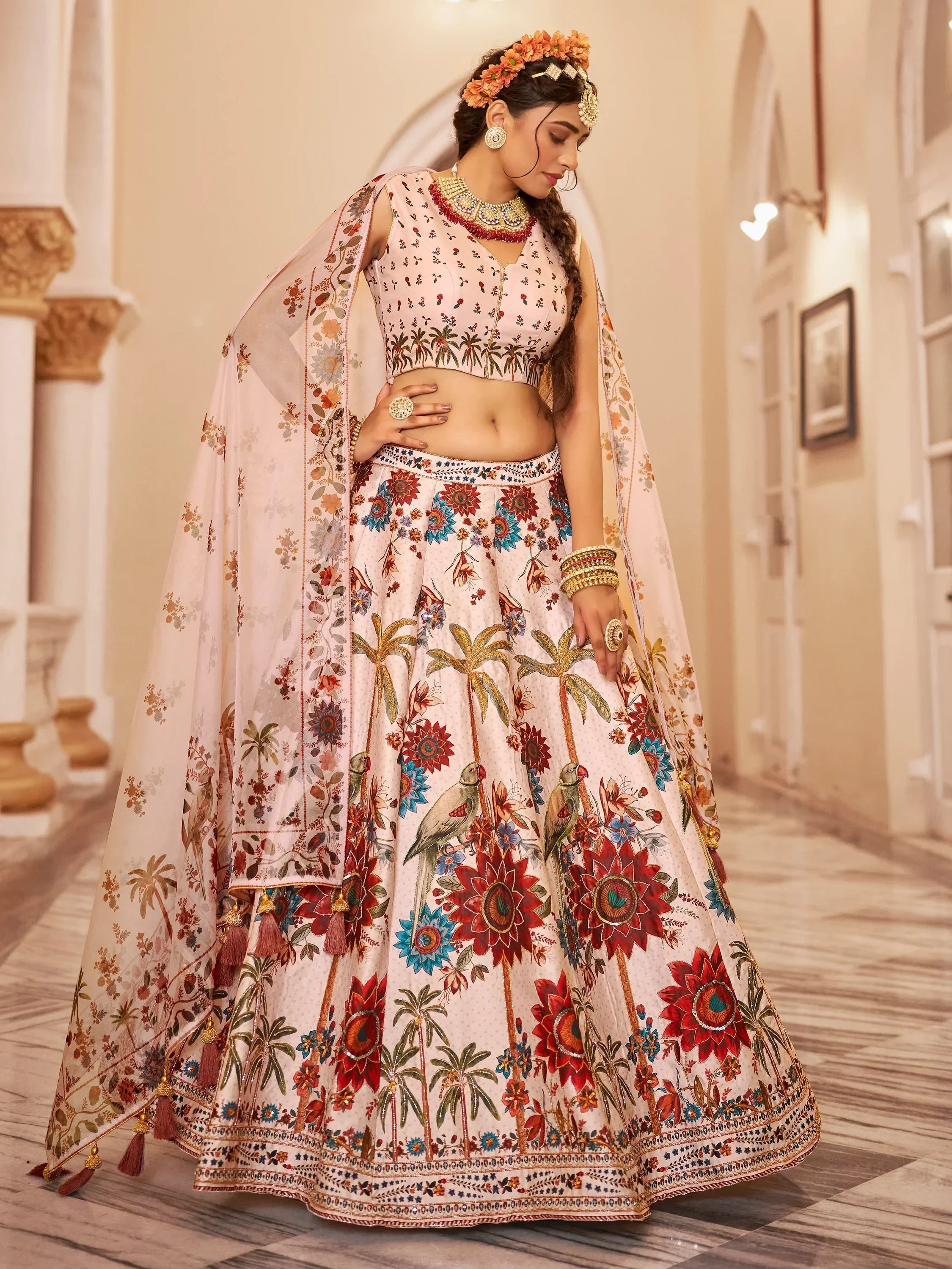 Floral printed lehenga choli with palm trees and parrots, perfect for Indian ethnic wear occasions