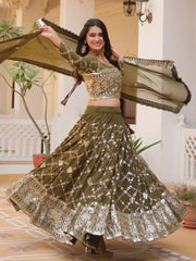 Lovely Olive Green Zari Embroidered Georgette Mehendi Wear Lehenga Choli - Ethnic Plus In