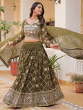 Lovely Olive Green Zari Embroidered Georgette Mehendi Wear Lehenga Choli - Ethnic Plus In