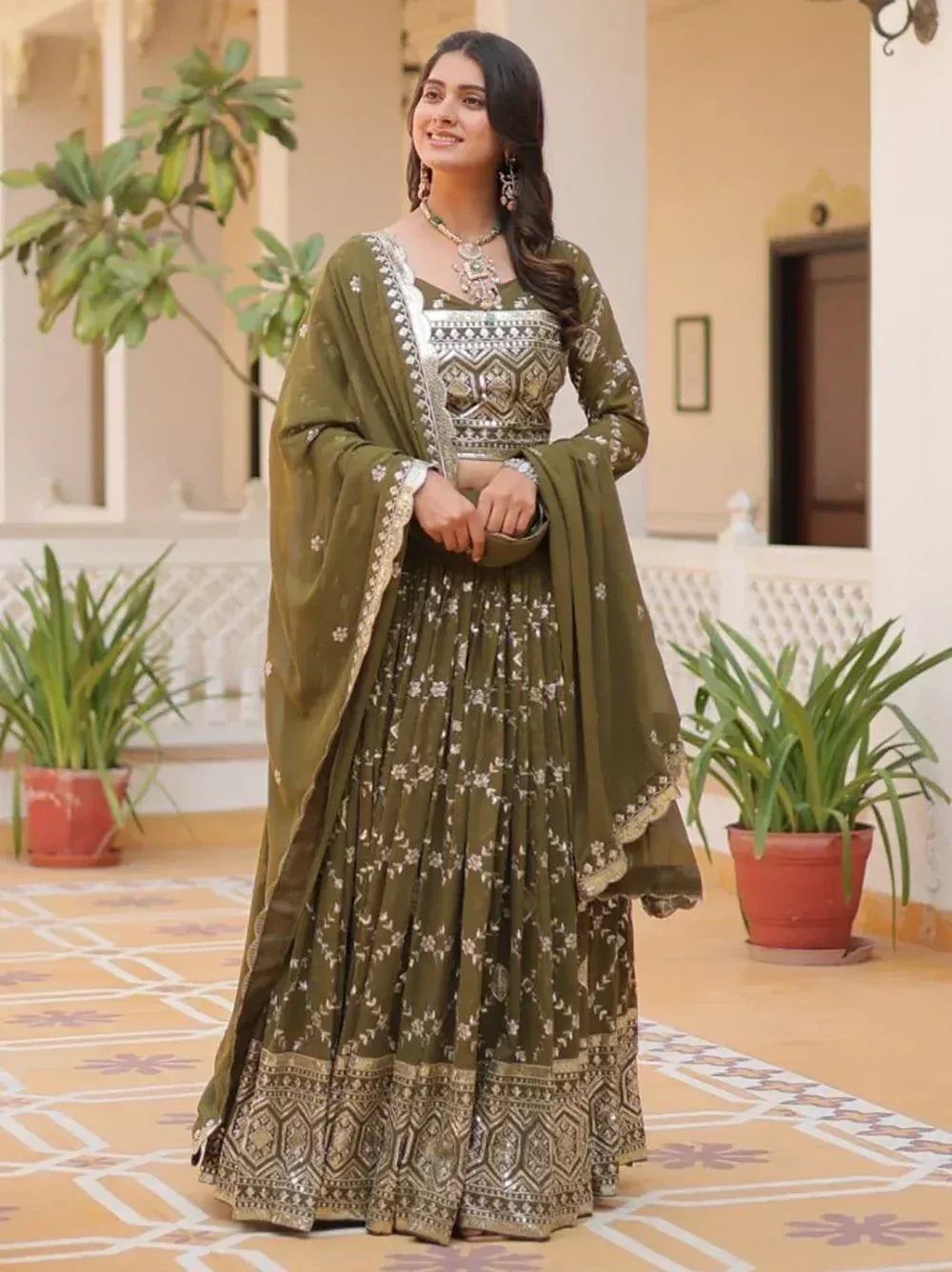 Olive green embroidered lehenga choli with dupatta, perfect for Indian ethnic occasions and weddings