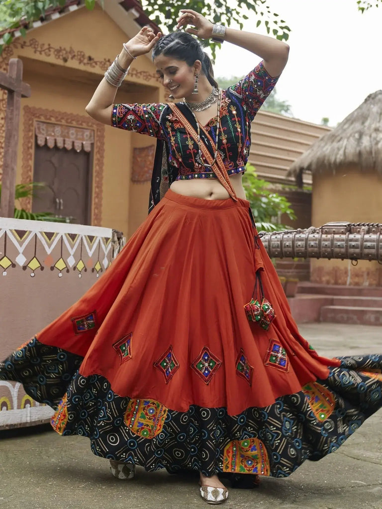 Lovely Orange Embroidered Rayon Navratri Lehenga Choli With Dupatta - Ethnic Plus In