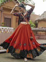 Lovely Orange Embroidered Rayon Navratri Lehenga Choli With Dupatta - Ethnic Plus In