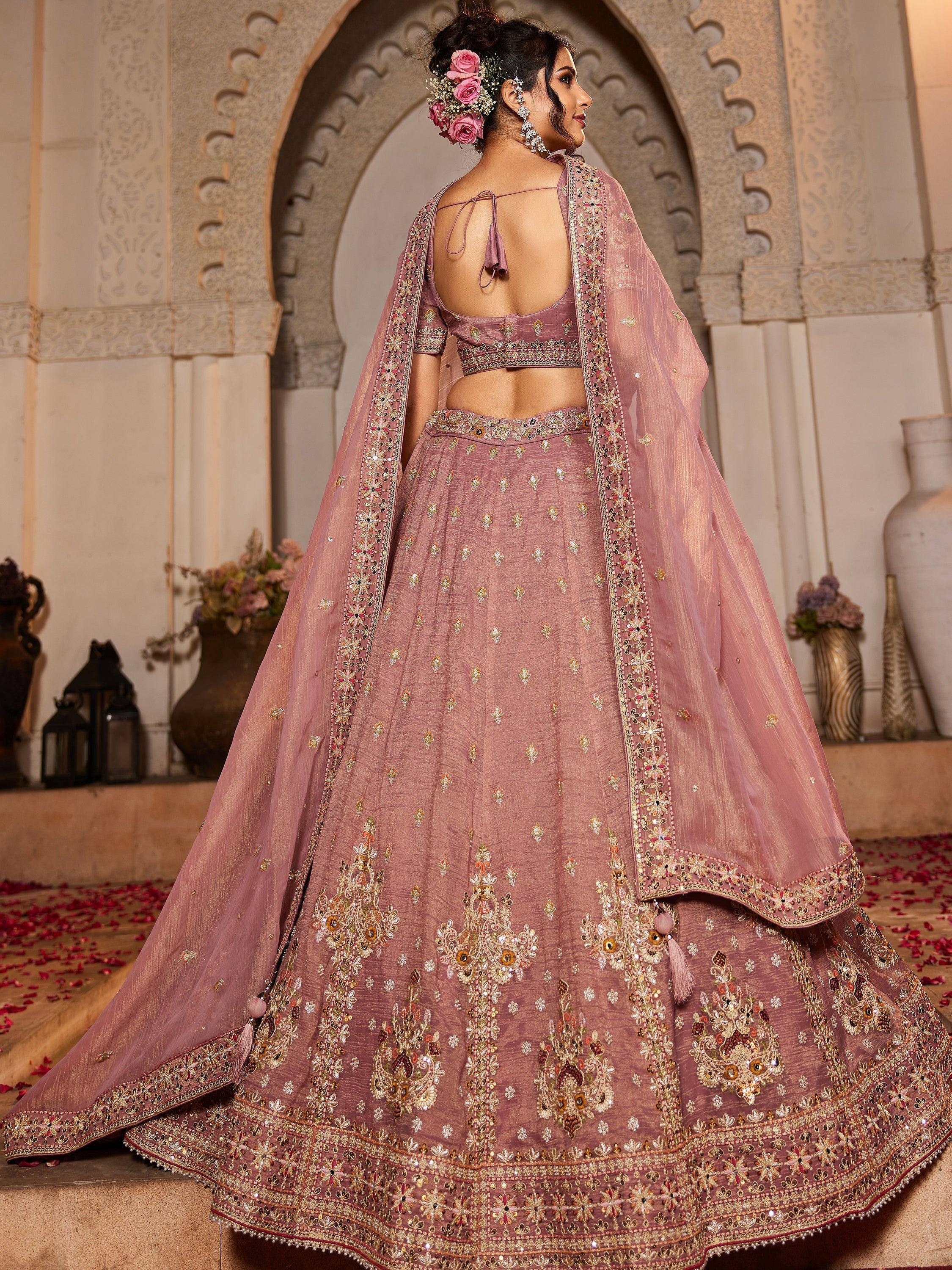 Pink embroidered lehenga choli with backless blouse and dupatta, Indian ethnic wear for weddings