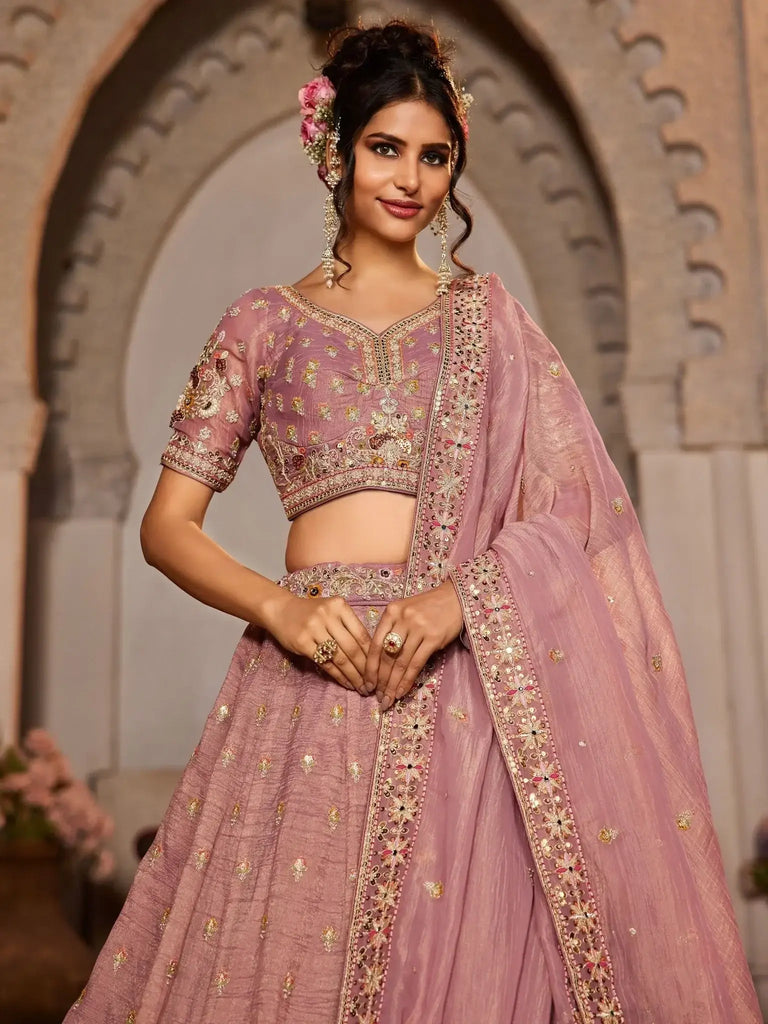 Lovely Pink Embroidered Tissue Silk Pastel Lehenga Choli With Dupatta - Ethnic Plus In