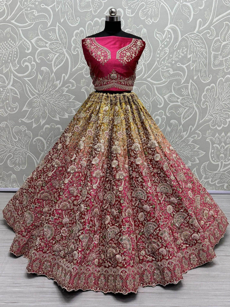Lovely Pink Embroidered Velvet Bridal Lehenga Choli With Dupatta - Ethnic Plus In