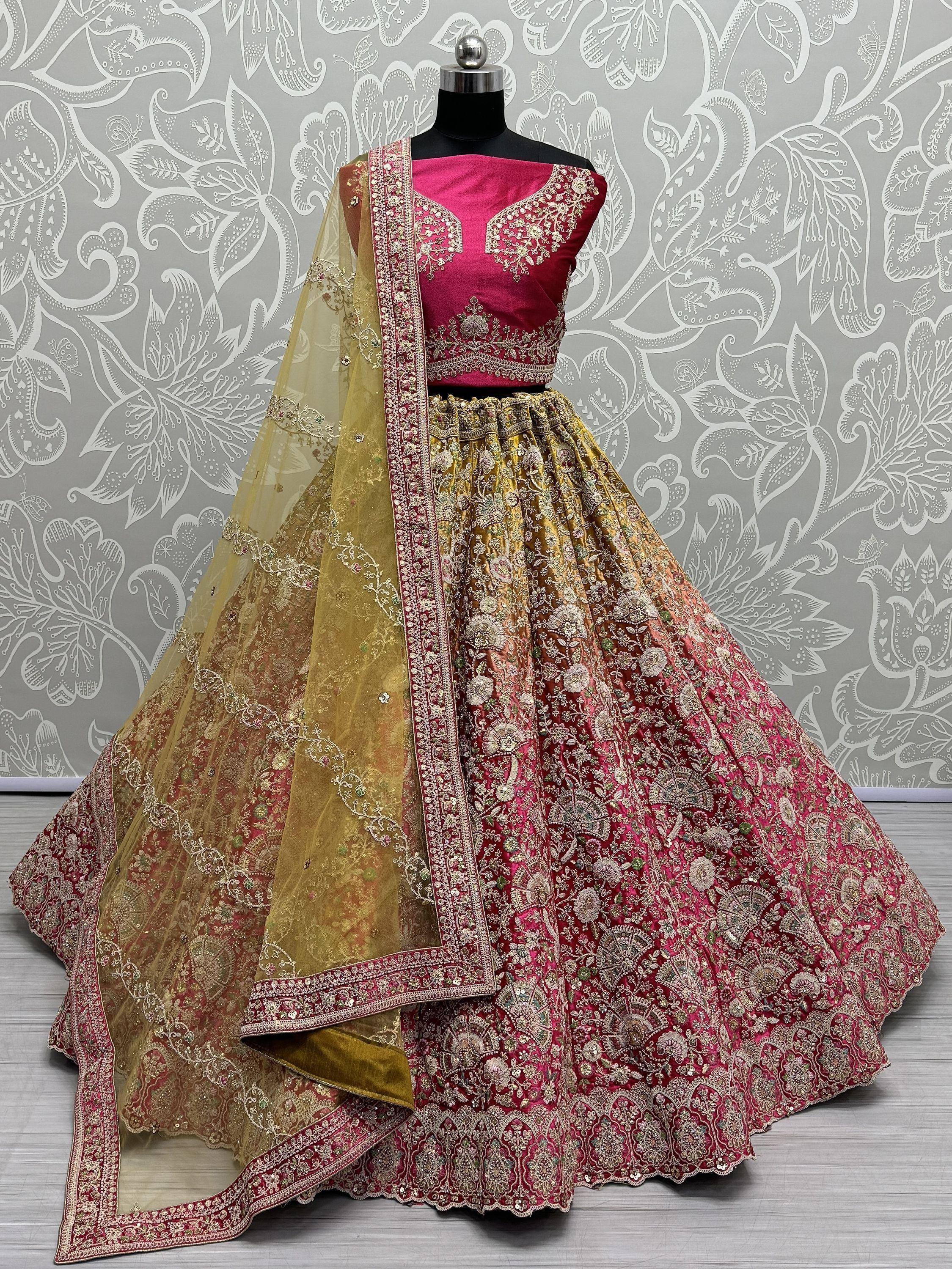 Pink and gold embroidered lehenga choli with dupatta, Indian ethnic wear for weddings and festivals