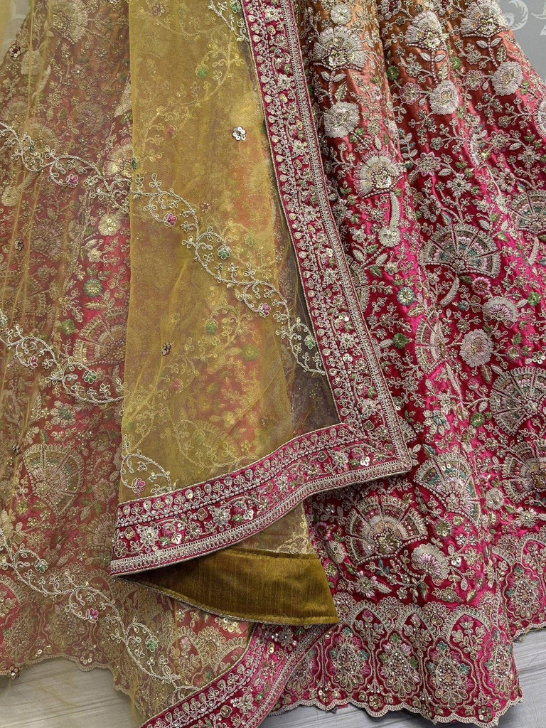 Lovely Pink Embroidered Velvet Bridal Lehenga Choli With Dupatta - Ethnic Plus In