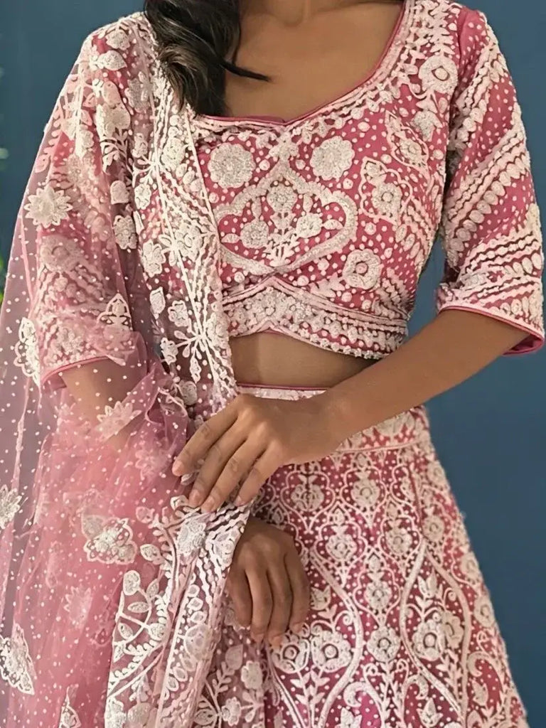 Lovely Pink Pearl Work Net Wedding Wear Lehenga Choli With Dupatta - Ethnic Plus In