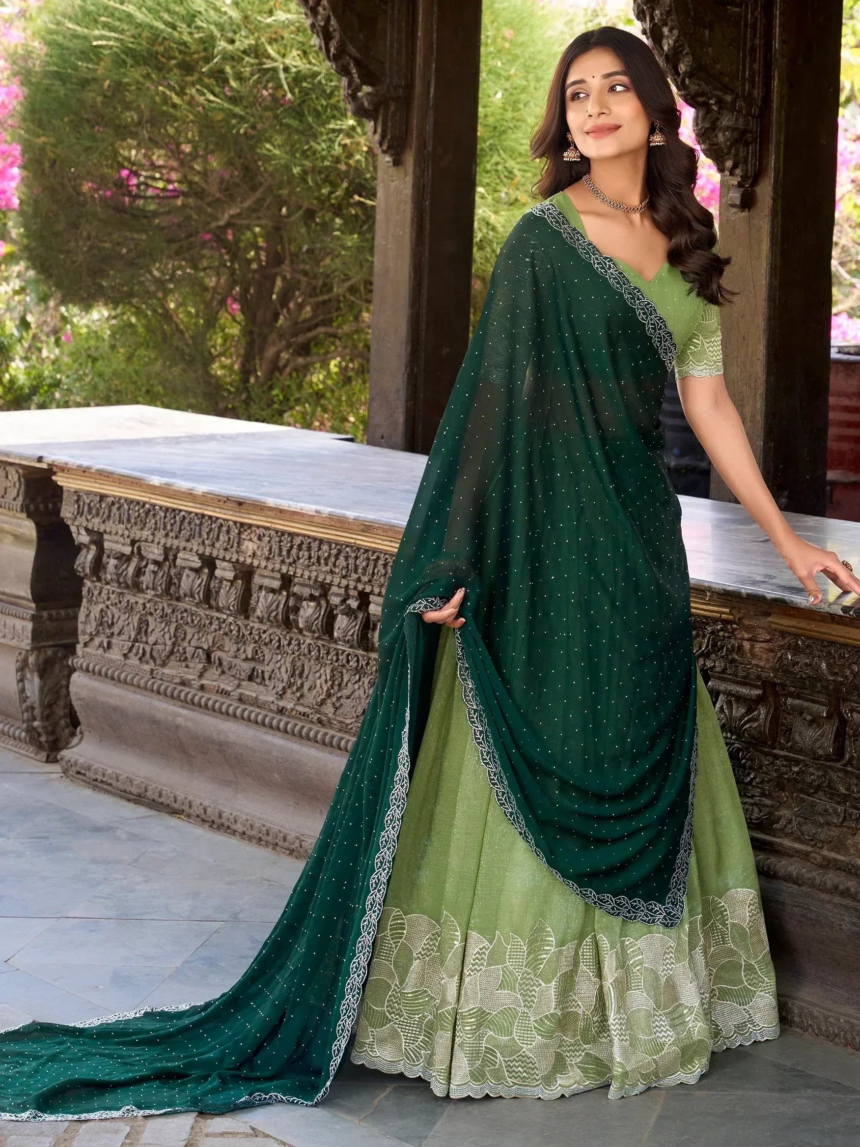 Elegant green lehenga choli with embroidered dupatta, perfect for Indian ethnic wear occasions