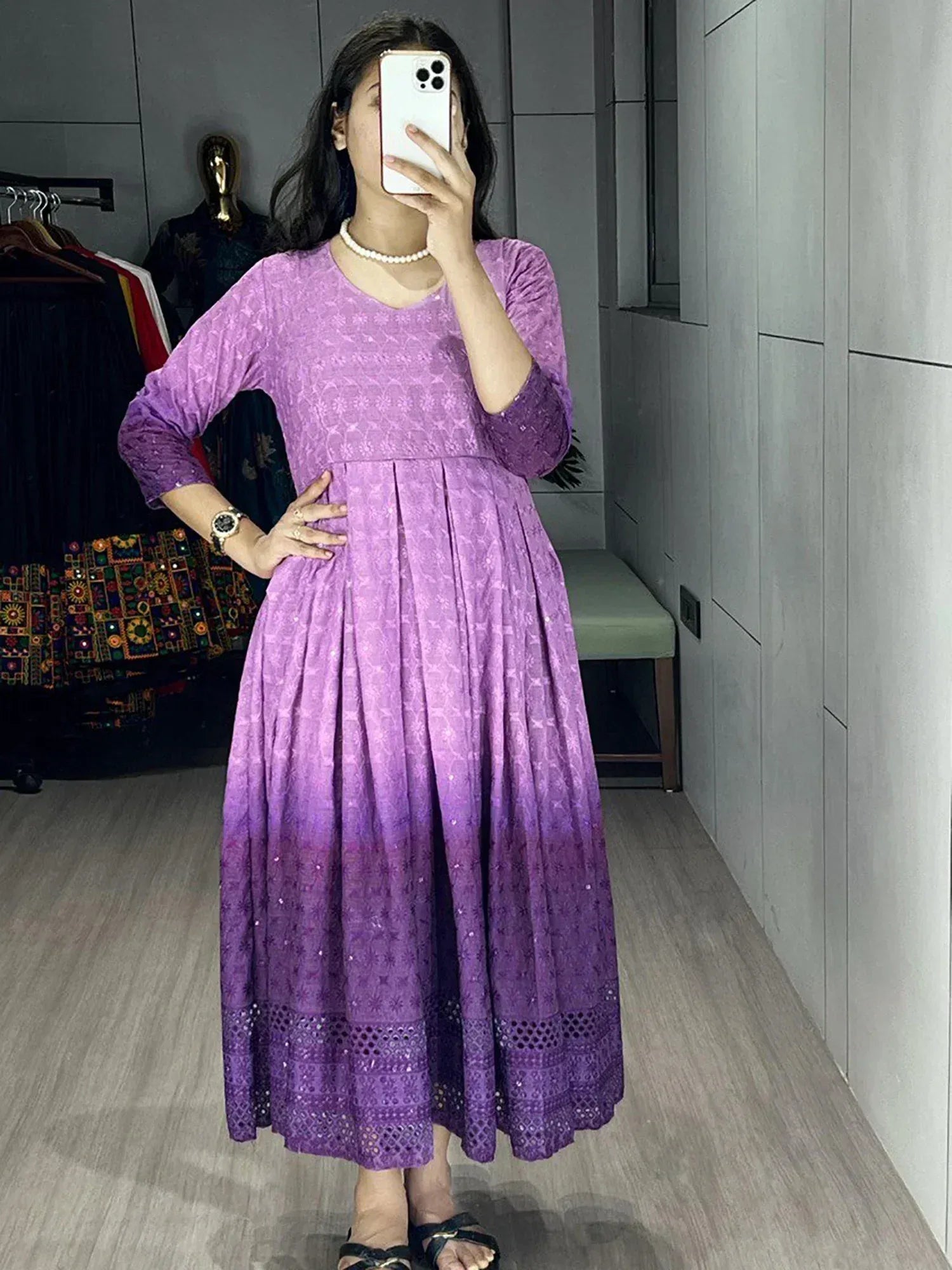 Purple ombre ethnic gown with floral embroidery, perfect for Indian occasions and festive wear.