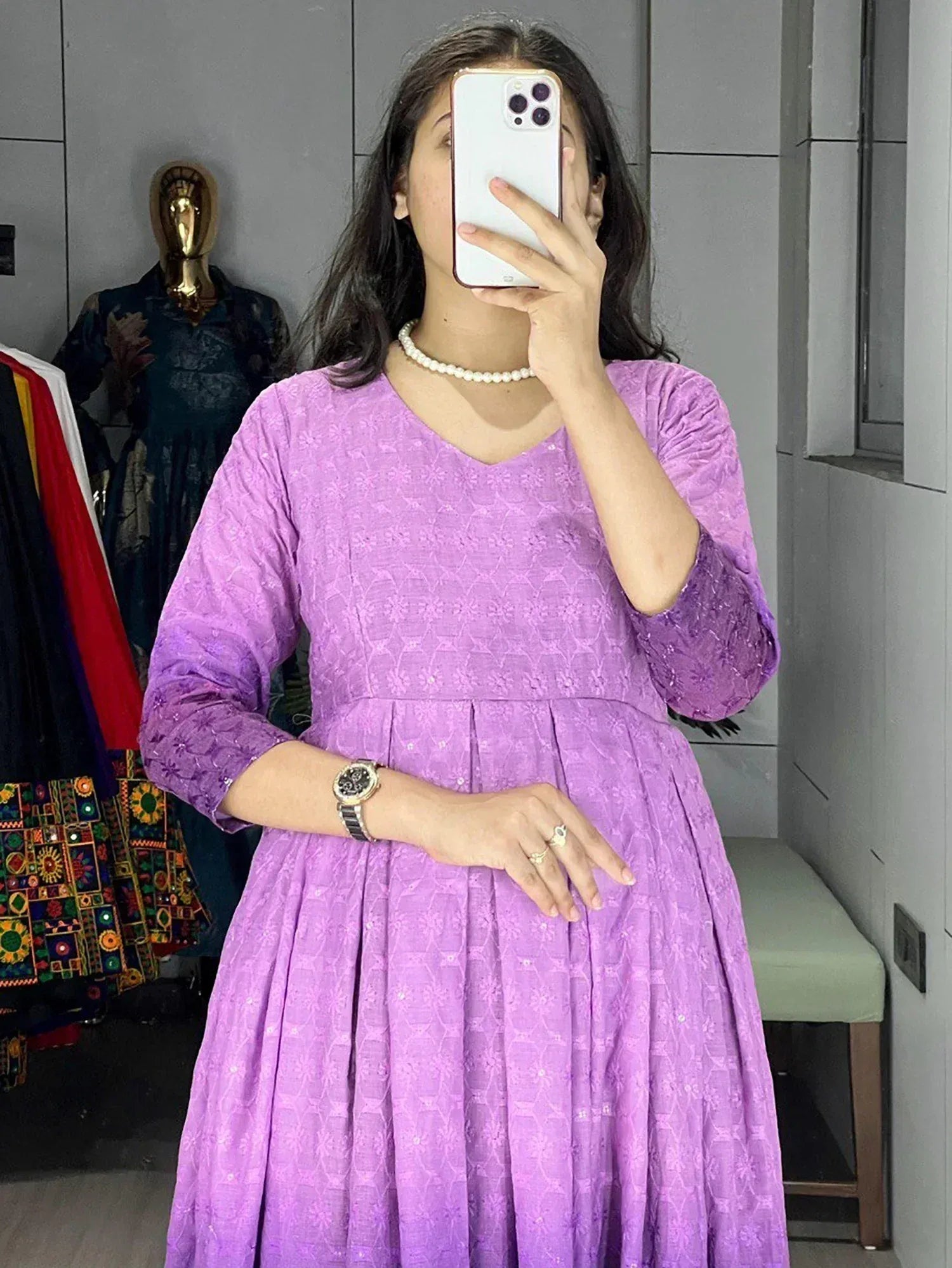 Purple ethnic gown with floral pattern, V-neck, 3/4 sleeves, perfect for Indian occasions