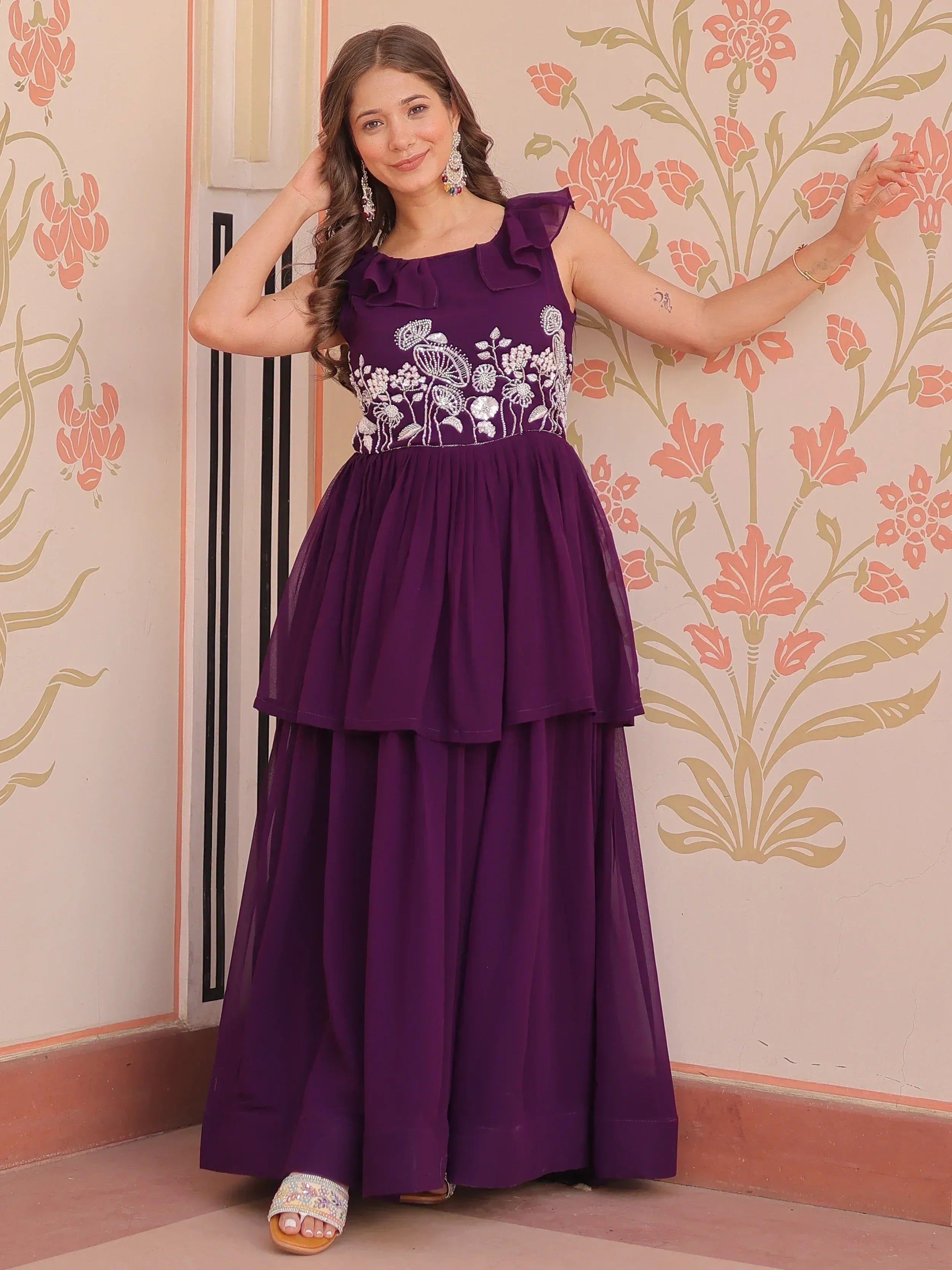 Purple ethnic gown with floral embroidery and ruffle neckline, perfect for Indian occasions