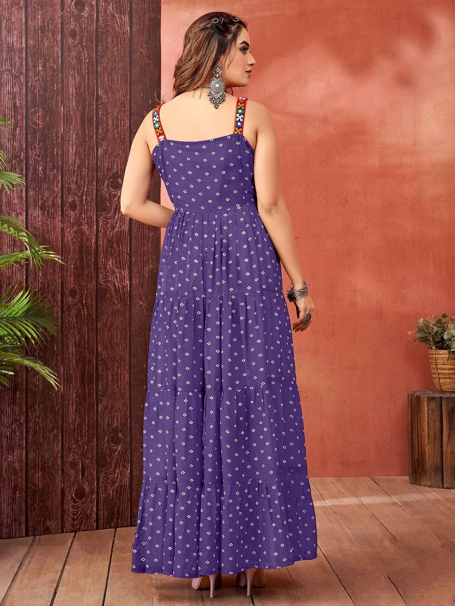 Purple ethnic gown with white diamond print, embroidered straps, and tiered skirt for women