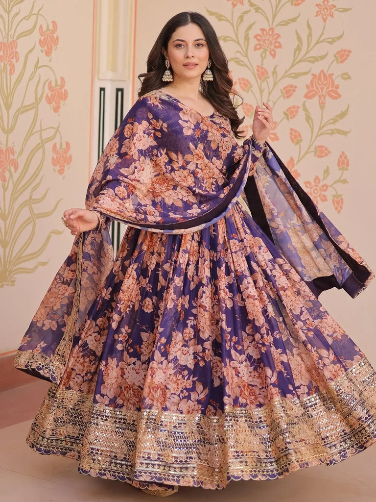 Lovely Purple Silk Floral Printed Anarkali Gown With Dupatta - Ethnic Plus In