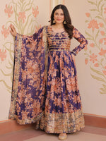 Lovely Purple Silk Floral Printed Anarkali Gown With Dupatta