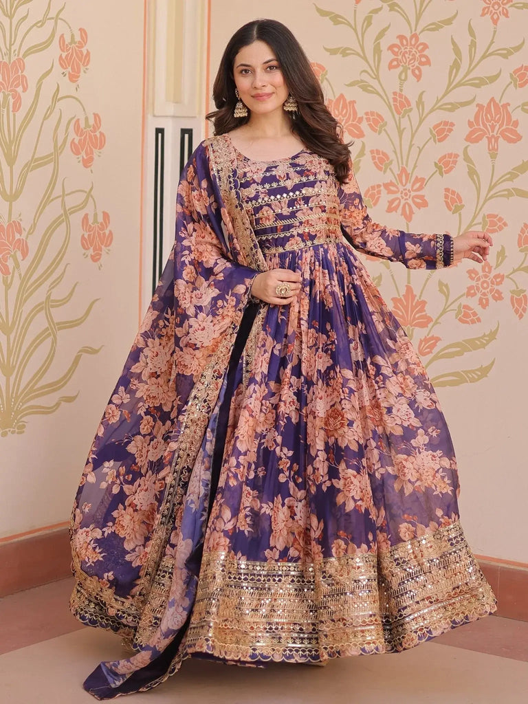 Lovely Purple Silk Floral Printed Anarkali Gown With Dupatta - Ethnic Plus In