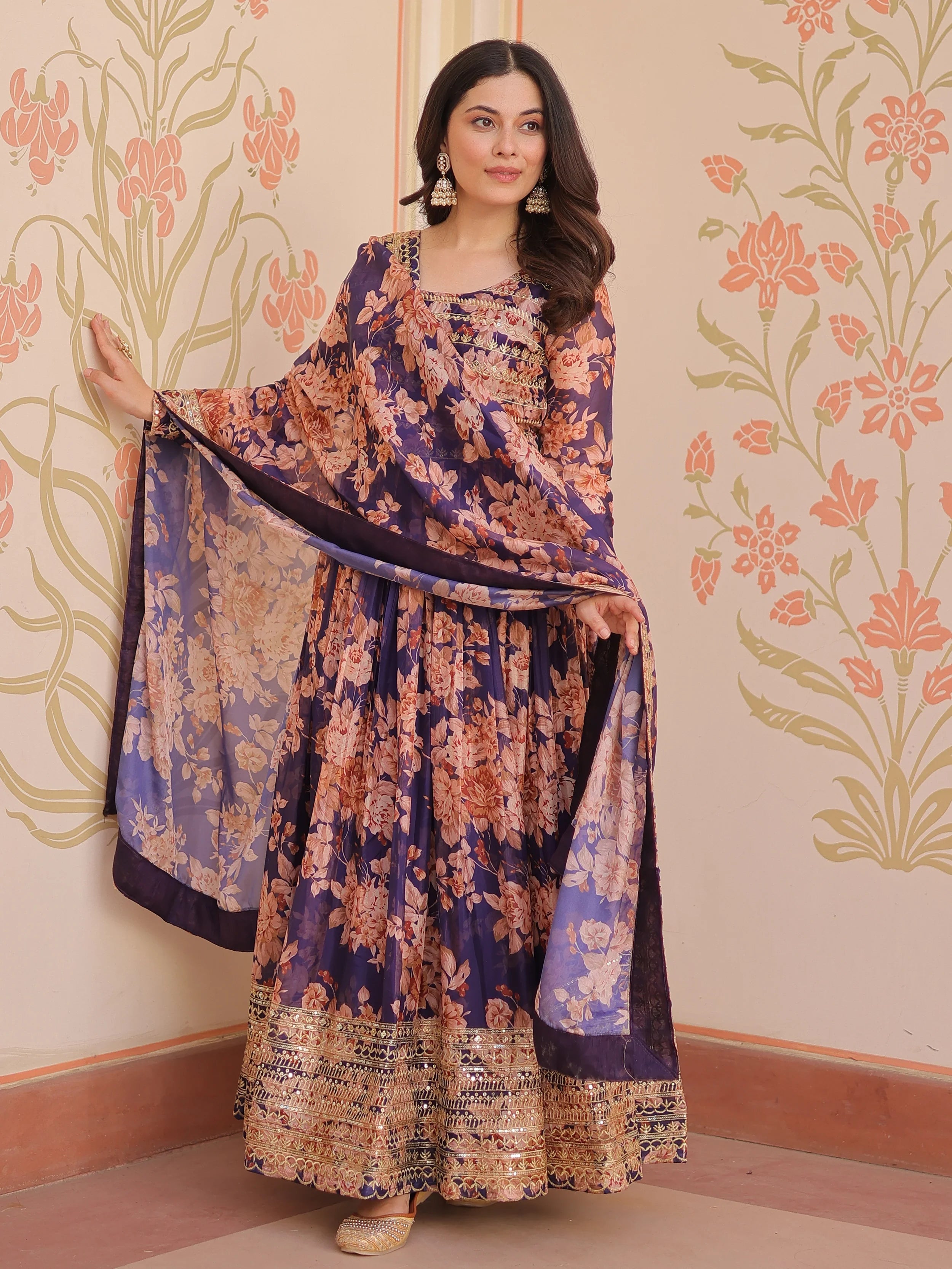 Lovely Purple Silk Floral Printed Anarkali Gown With Dupatta - Ethnic Plus In