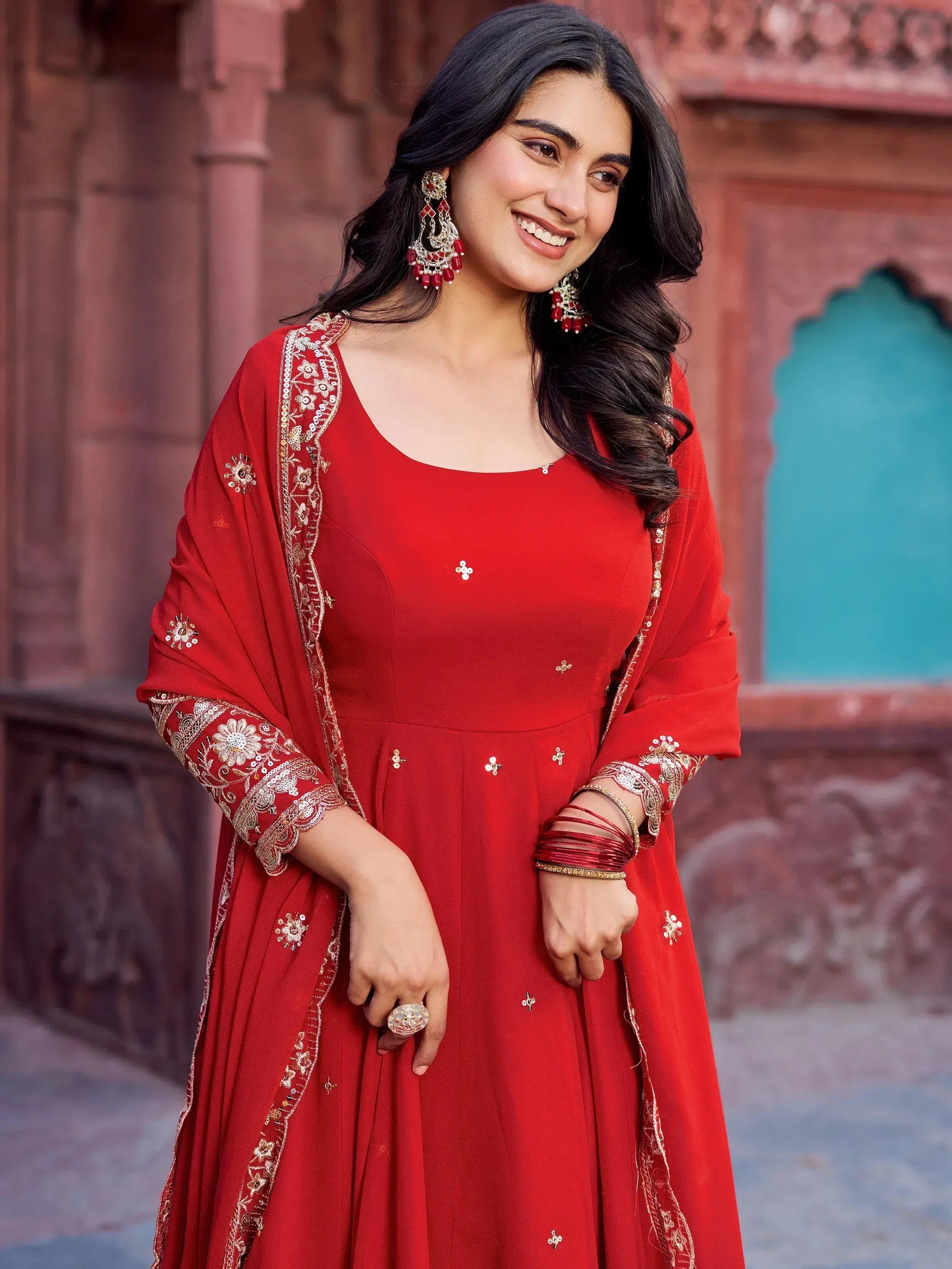Red embroidered anarkali suit with gold detailing, perfect for Indian ethnic wear occasions