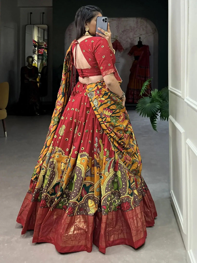 Lovely Red Kalamkari Print Tussar Silk Traditional Wear Lehenga Choli - Ethnic Plus In