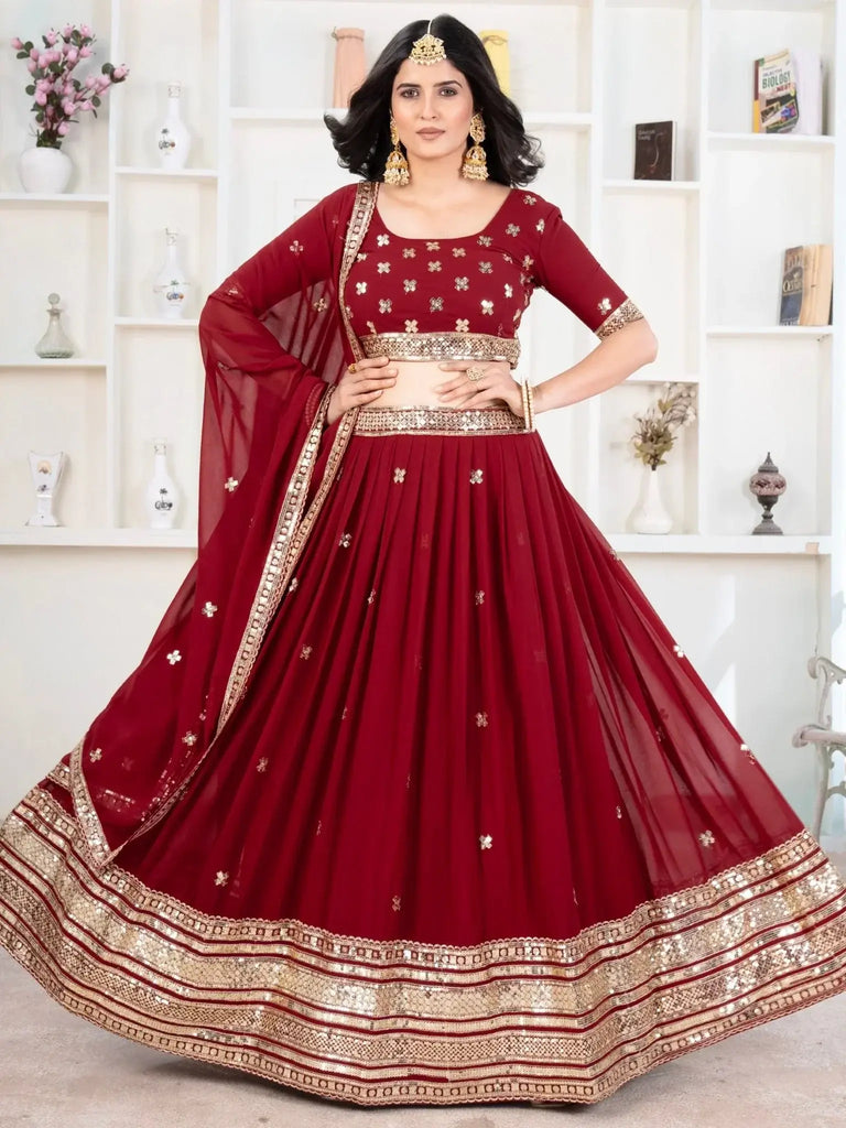 Lovely Red Sequins Georgette Bridal Lehenga Choli With Dupatta - Ethnic Plus In